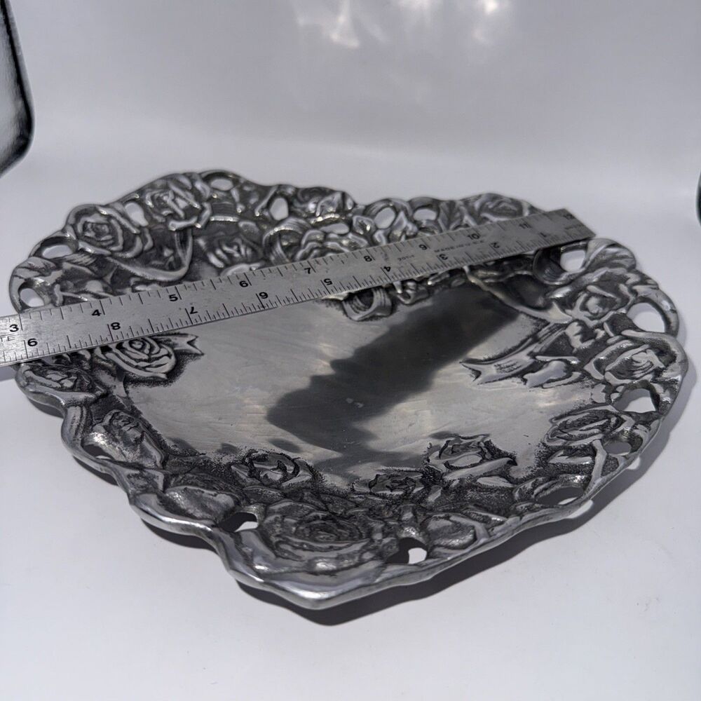 Peltrina Pewter Rose Heart Shaped Dish Made In Argentina Hand Made - Picture 6 of 8